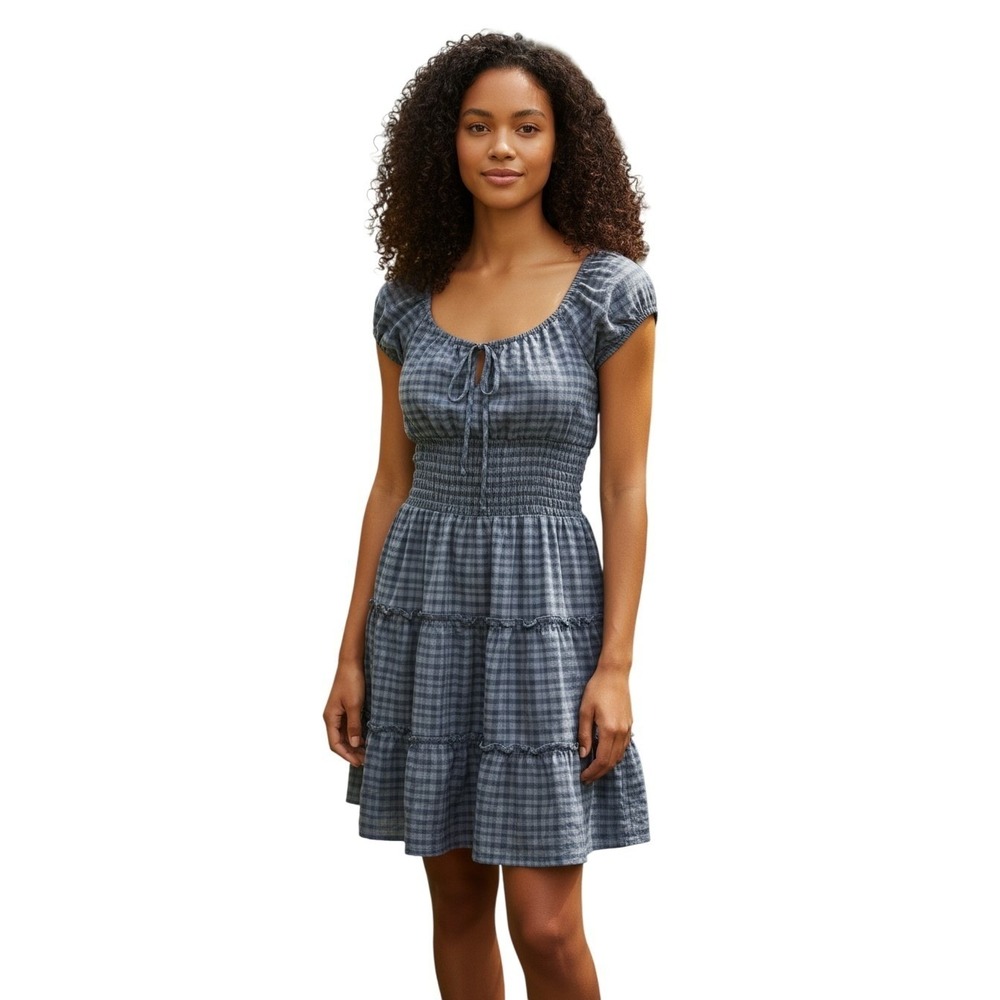 By‎ & By Blue Gingham Smocked Tiered Mini Dress NWT Medium